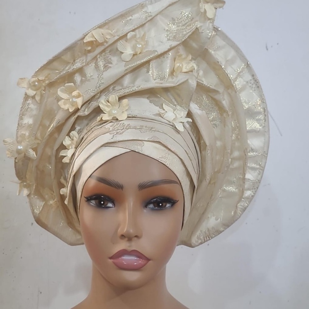 Elegant Cream Headwrap with Floral Accents

GEL7 0326